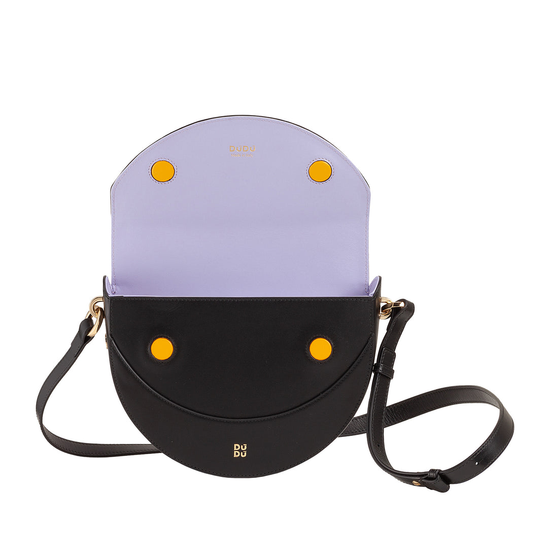 DUDU Damen-Umhängetasche aus echtem Leder, starrer Halbmond, hergestellt in Italien, Handtasche mit Klappe und doppeltem Schultergurt, Magnetverschluss