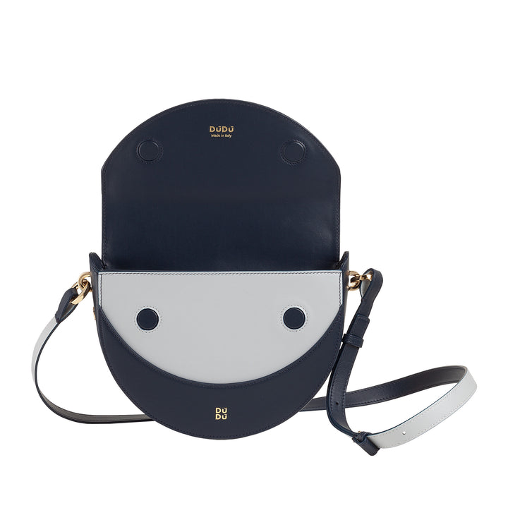 DUDU Sac Bandoulière pour Femme en Cuir Véritable, Croissant Rigide, Fabriqué en Italie, Sac à Main avec Rabat et Double Bandoulière, Fermeture Magnétique