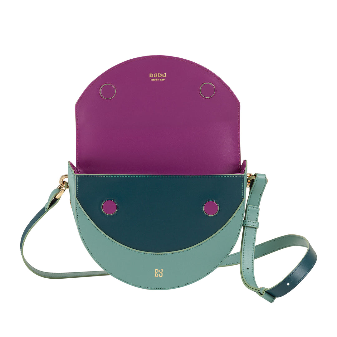 DUDU Sac Bandoulière pour Femme en Cuir Véritable, Croissant Rigide, Fabriqué en Italie, Sac à Main avec Rabat et Double Bandoulière, Fermeture Magnétique