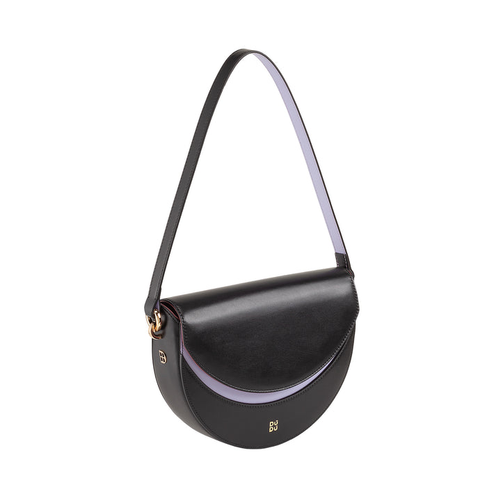 DUDU Damen-Umhängetasche aus echtem Leder, starrer Halbmond, hergestellt in Italien, Handtasche mit Klappe und doppeltem Schultergurt, Magnetverschluss