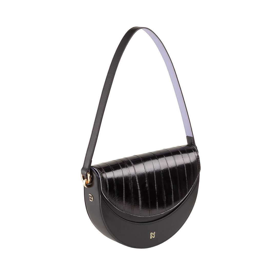DUDU Damen-Umhängetasche aus echtem Leder, starrer Halbmond, hergestellt in Italien, Handtasche mit Klappe und doppeltem Schultergurt, Magnetverschluss