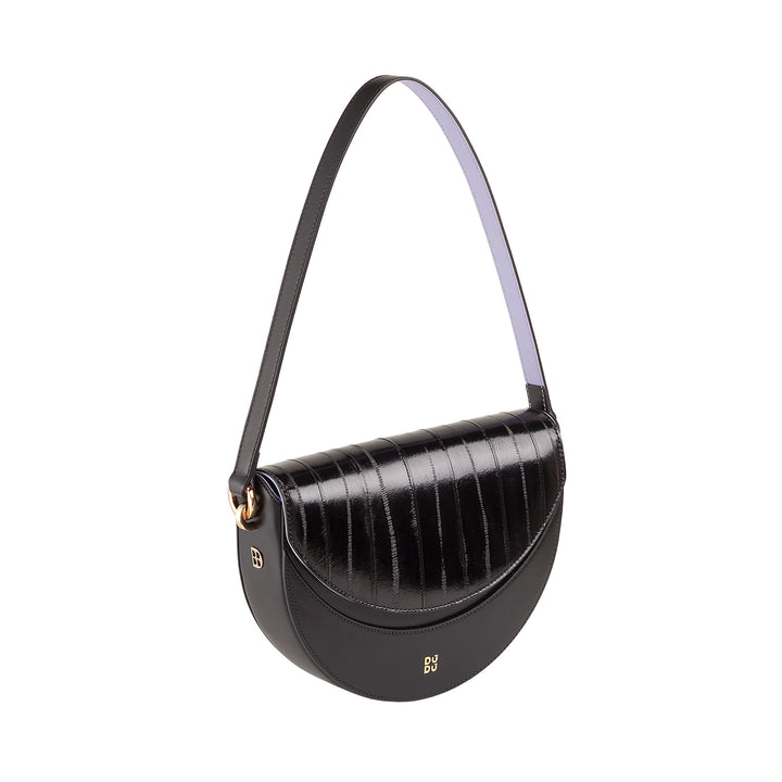 DUDU Damen-Umhängetasche aus echtem Leder, starrer Halbmond, hergestellt in Italien, Handtasche mit Klappe und doppeltem Schultergurt, Magnetverschluss
