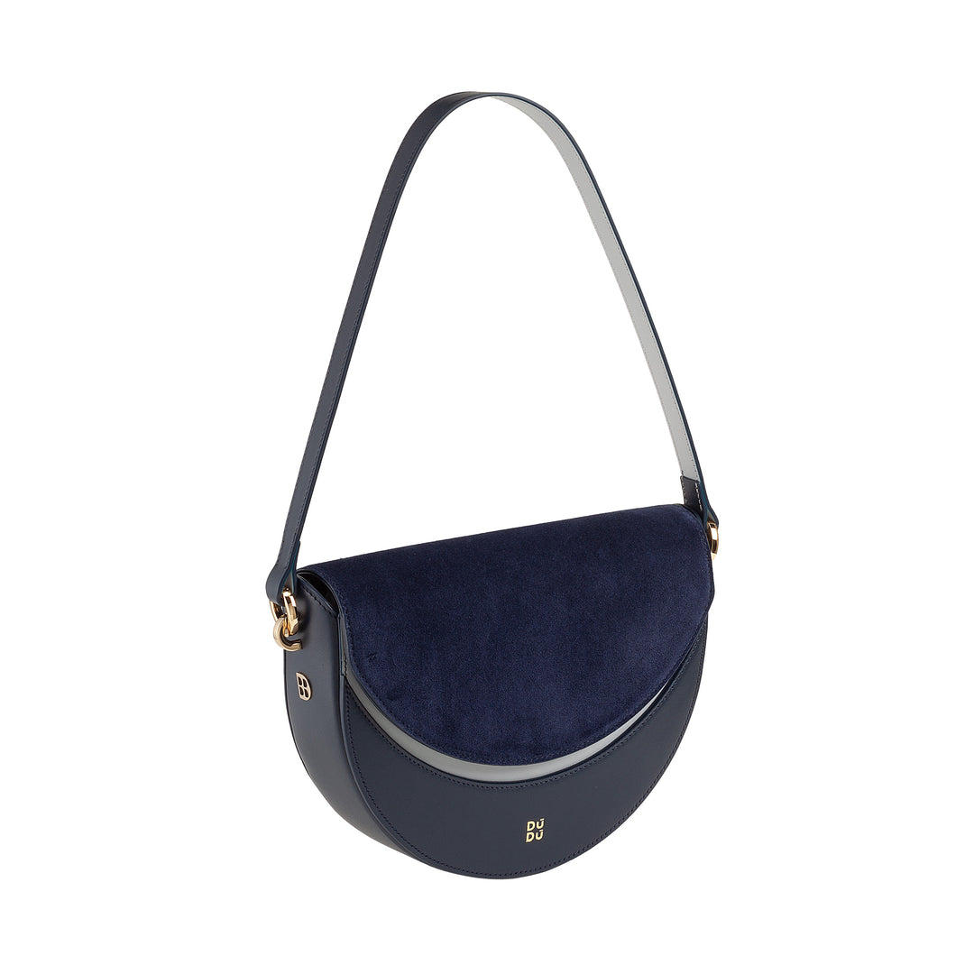 DUDU Sac Bandoulière pour Femme en Cuir Véritable, Croissant Rigide, Fabriqué en Italie, Sac à Main avec Rabat et Double Bandoulière, Fermeture Magnétique