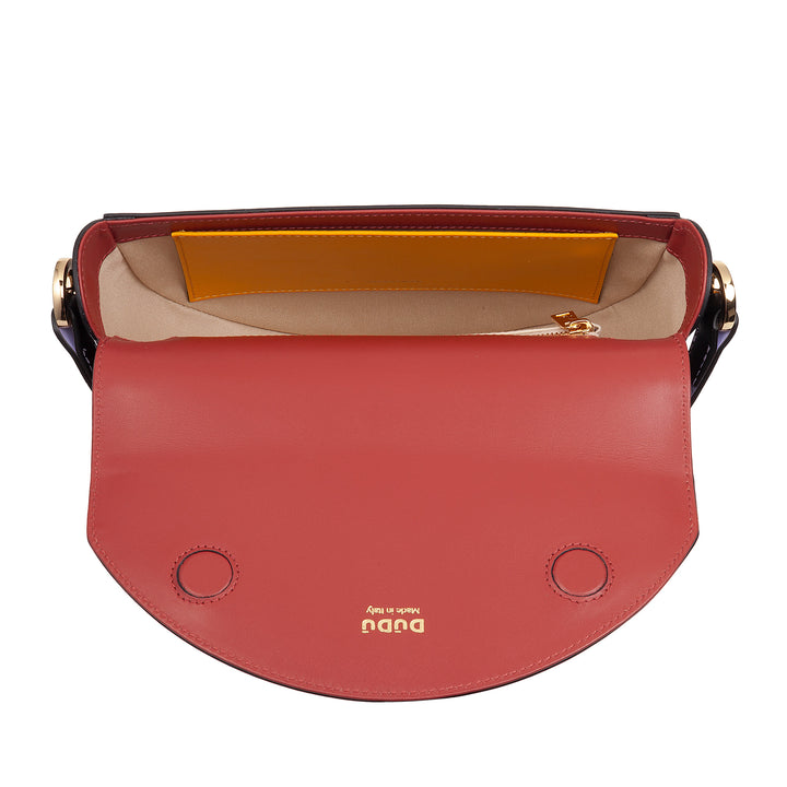 DUDU Damen-Umhängetasche aus echtem Leder, starrer Halbmond, hergestellt in Italien, Handtasche mit Klappe und doppeltem Schultergurt, Magnetverschluss