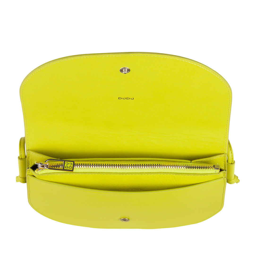 DUDU Kleine Damen-Umhängetasche aus Leder, schlanke Handtasche im kompakten Design mit Knopfverschluss, verstellbarer Schultergurt