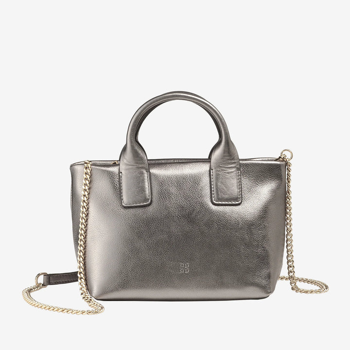 DUDU Petit Sac à Bandoulière pour Femme en Cuir Véritable, Mini Sac de Soirée Élégant, 22 x 13 cm, Double Poignées, Bandoulière en Chaîne, Fermeture Éclair