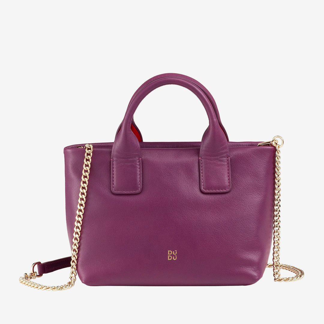 DUDU Petit Sac à Bandoulière pour Femme en Cuir Véritable, Mini Sac de Soirée Élégant, 22 x 13 cm, Double Poignées, Bandoulière en Chaîne, Fermeture Éclair