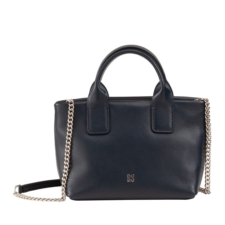 DUDU Kleine Damen-Umhängetasche aus echtem Leder, elegante Mini-Abendtasche, 22 x 13 cm, doppelte Griffe, Kettenschultergurt, Reißverschluss