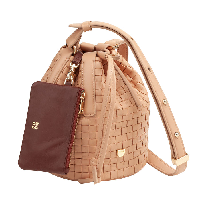 DUDU Sac Seau en Cuir Tissé - Petit Sac à Main pour Femme avec Bandoulière Ajustable, Cordon de Serrage et Pochette Interne, Élégant et Artisanat