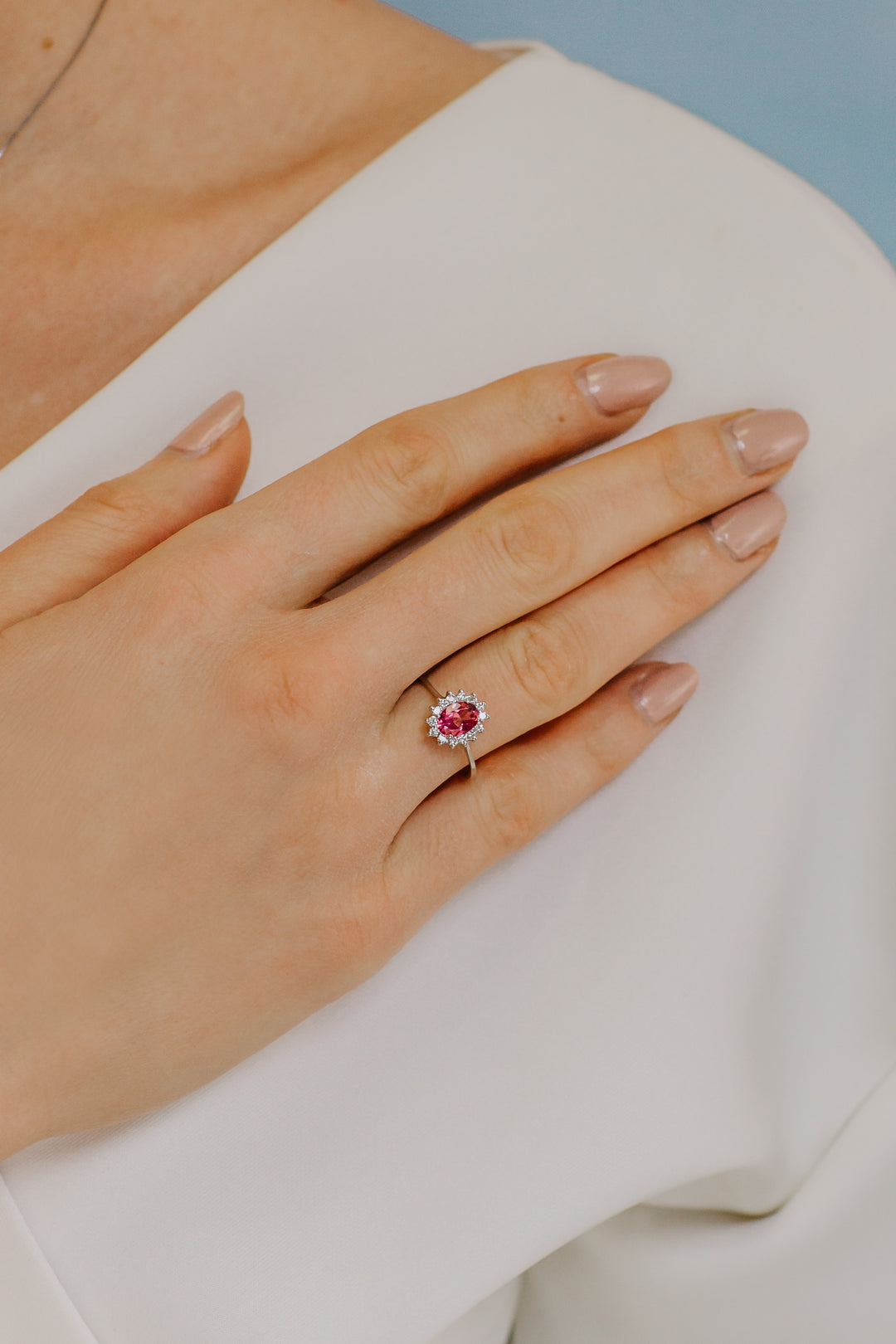 Comete Gold Ring with Diamonds and Pink Topaz oval ANB2593