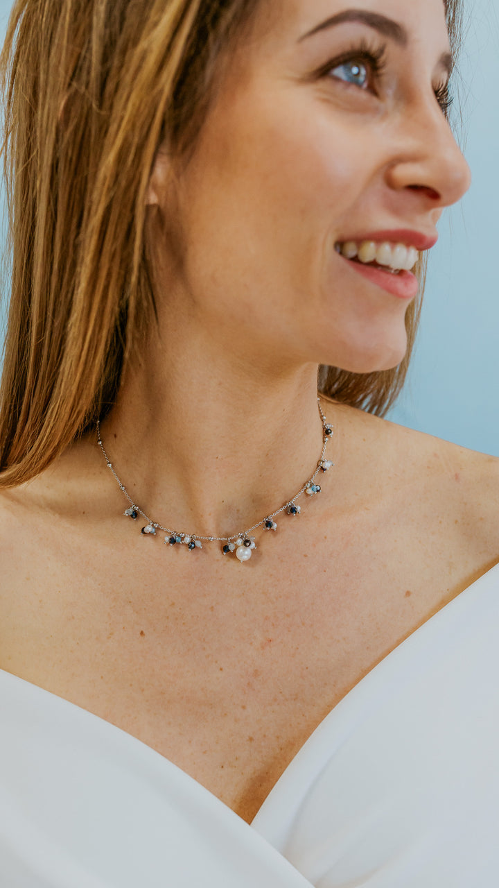 Collier Comète en Argent 925‰ avec Aigue-Marine, pierres bleues et perles d&