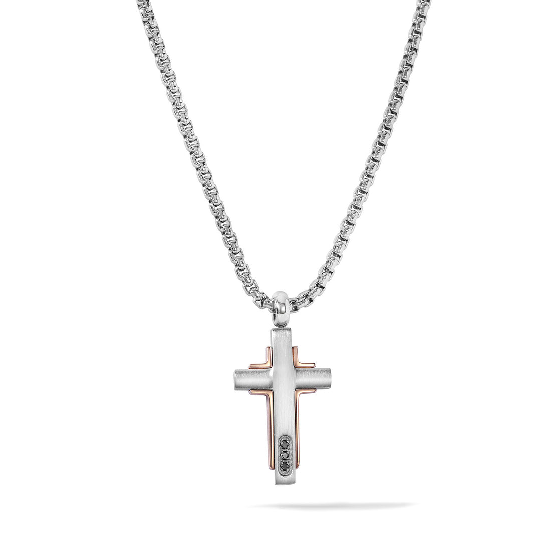 Collier Comete avec croix en acier, pvd rose et zircons noirs UGL755
