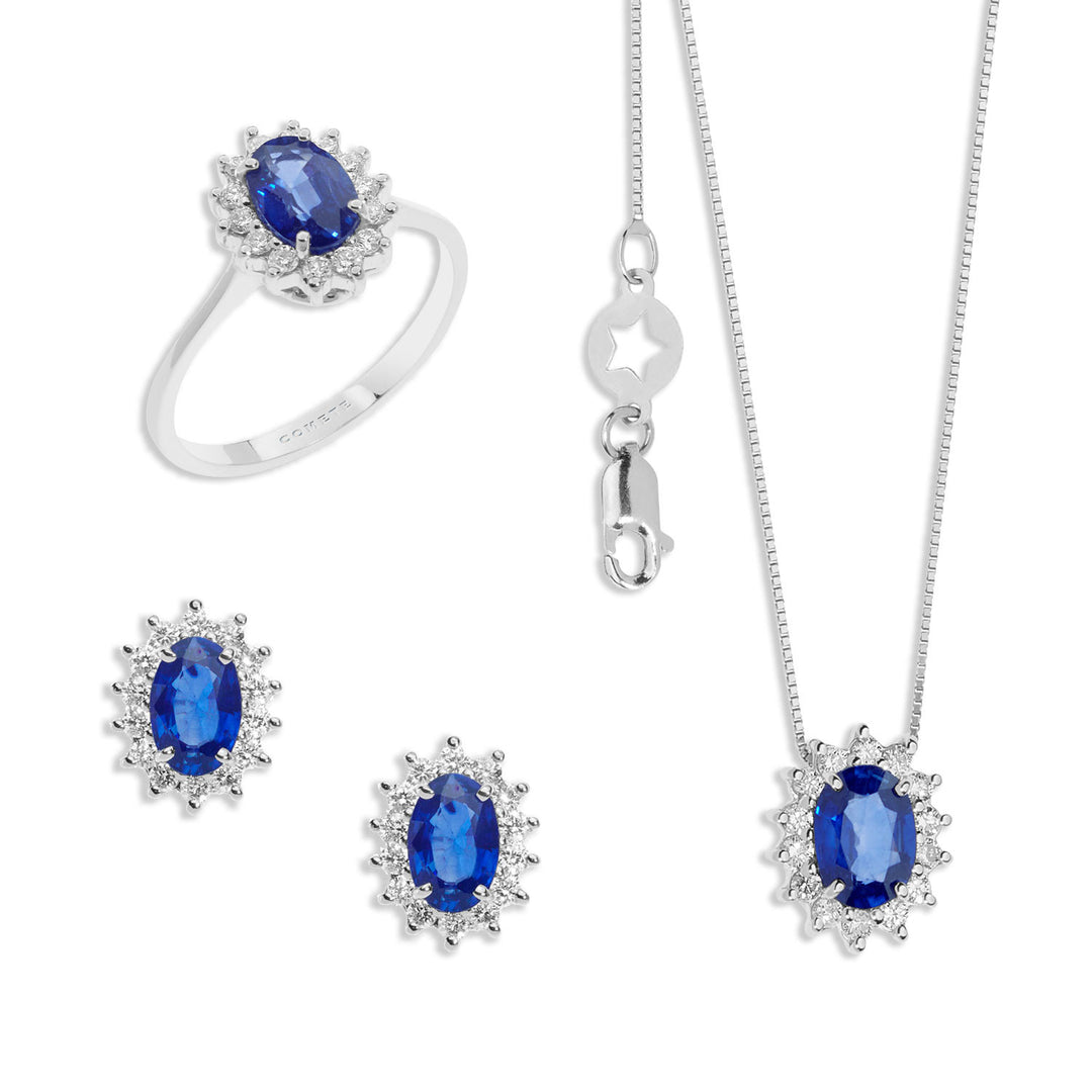 Comete Collana, Anello e Orecchini in Oro Diamanti e Zaffiri blu ovali KIT156425691022