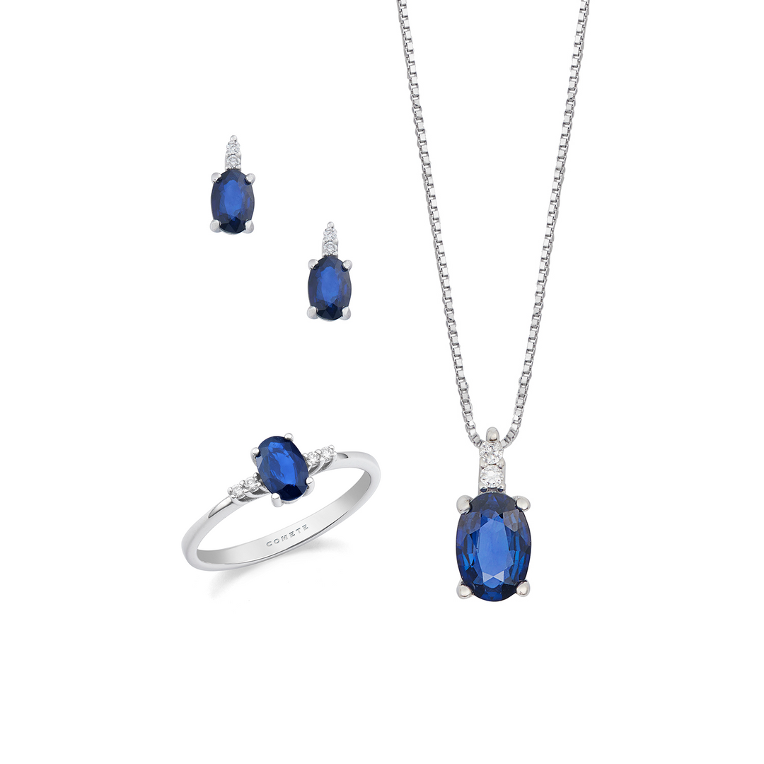 Comete Halskette, Ring und Ohrringe Gold und weiße Diamanten, ovaler blauer Saphir KIT165626861103