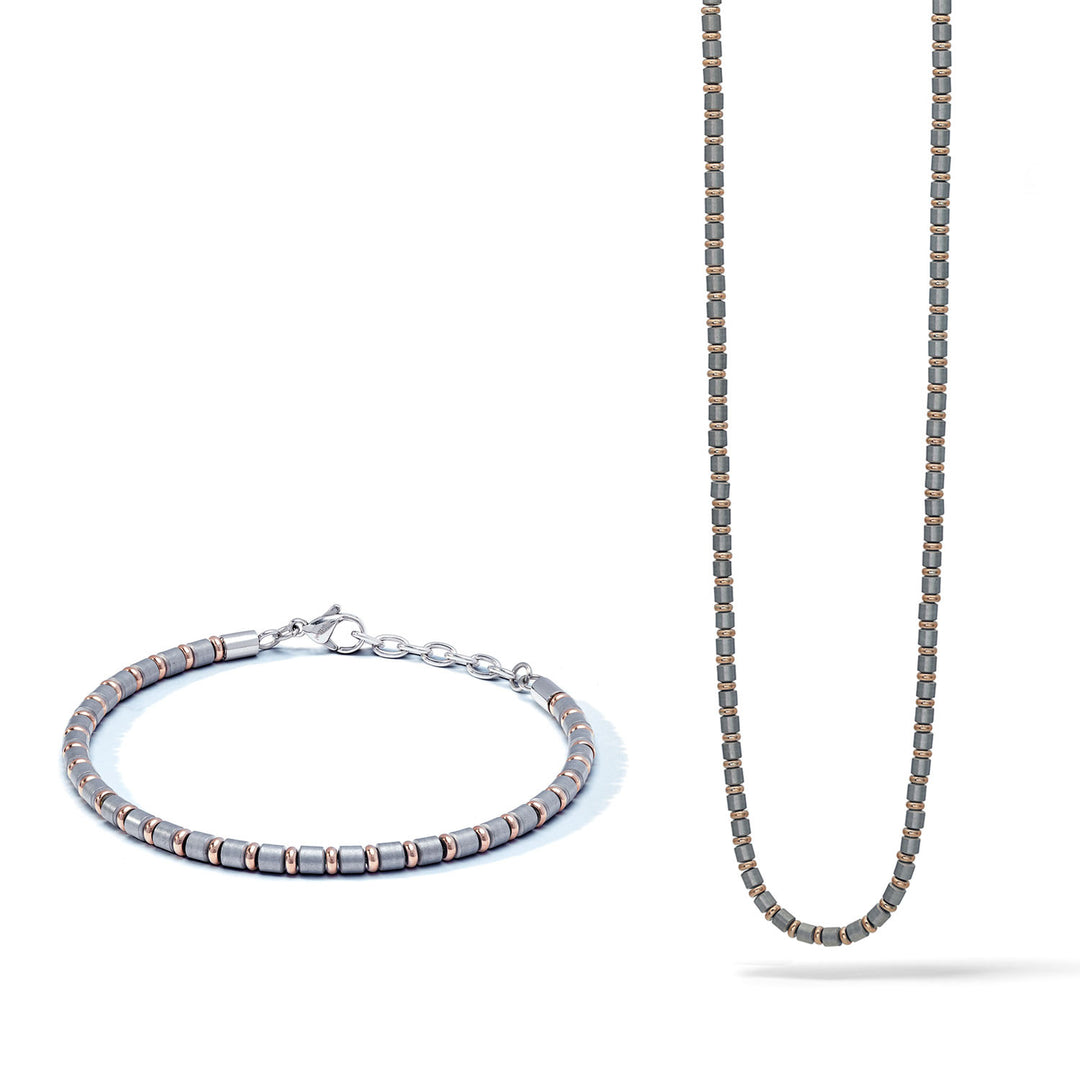 Comete Halskette und Armband aus Stahl, rosa und graues PVD mit Hämatit KIT7311145