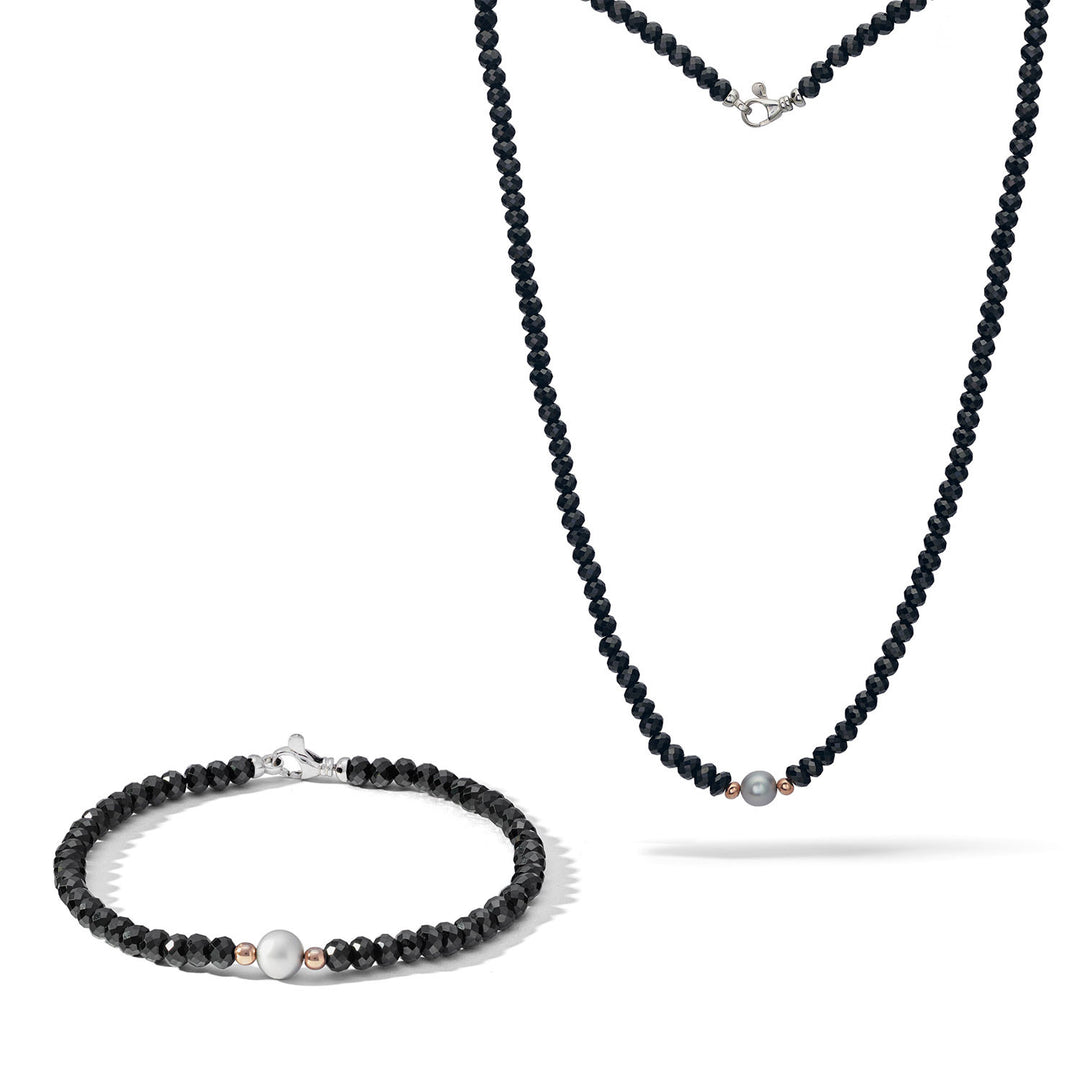 Collier et Bracelet Comete en Argent avec spinelles noires et perle grise KIT7401176