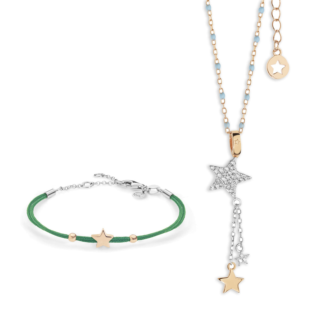 Comete Necklace and Bracelet Star in silver green cord KIT228157