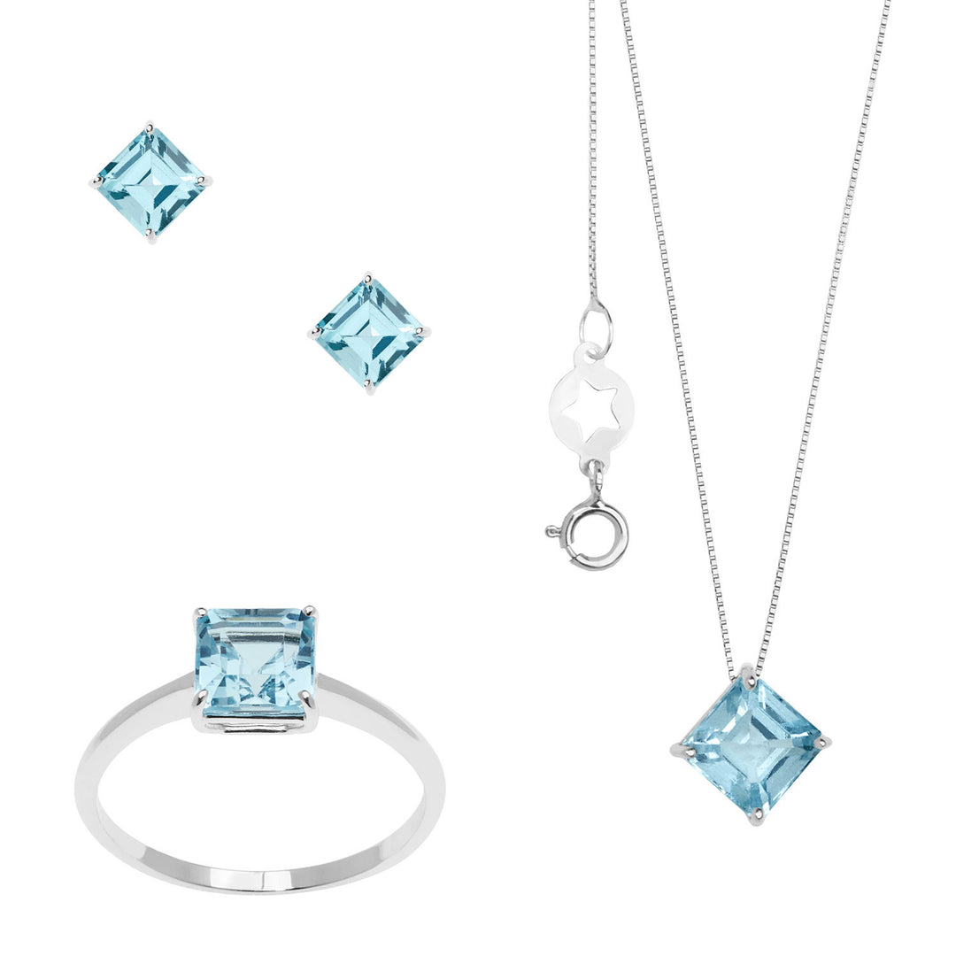Comete Collana, Anello e Orecchini in Oro bianco con Topazio Azzurro Carrè KIT164526801096