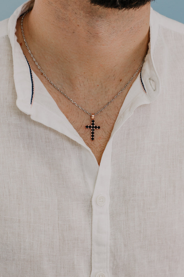 Comete Cross Necklace in rosé Silver and black zircons UGL688