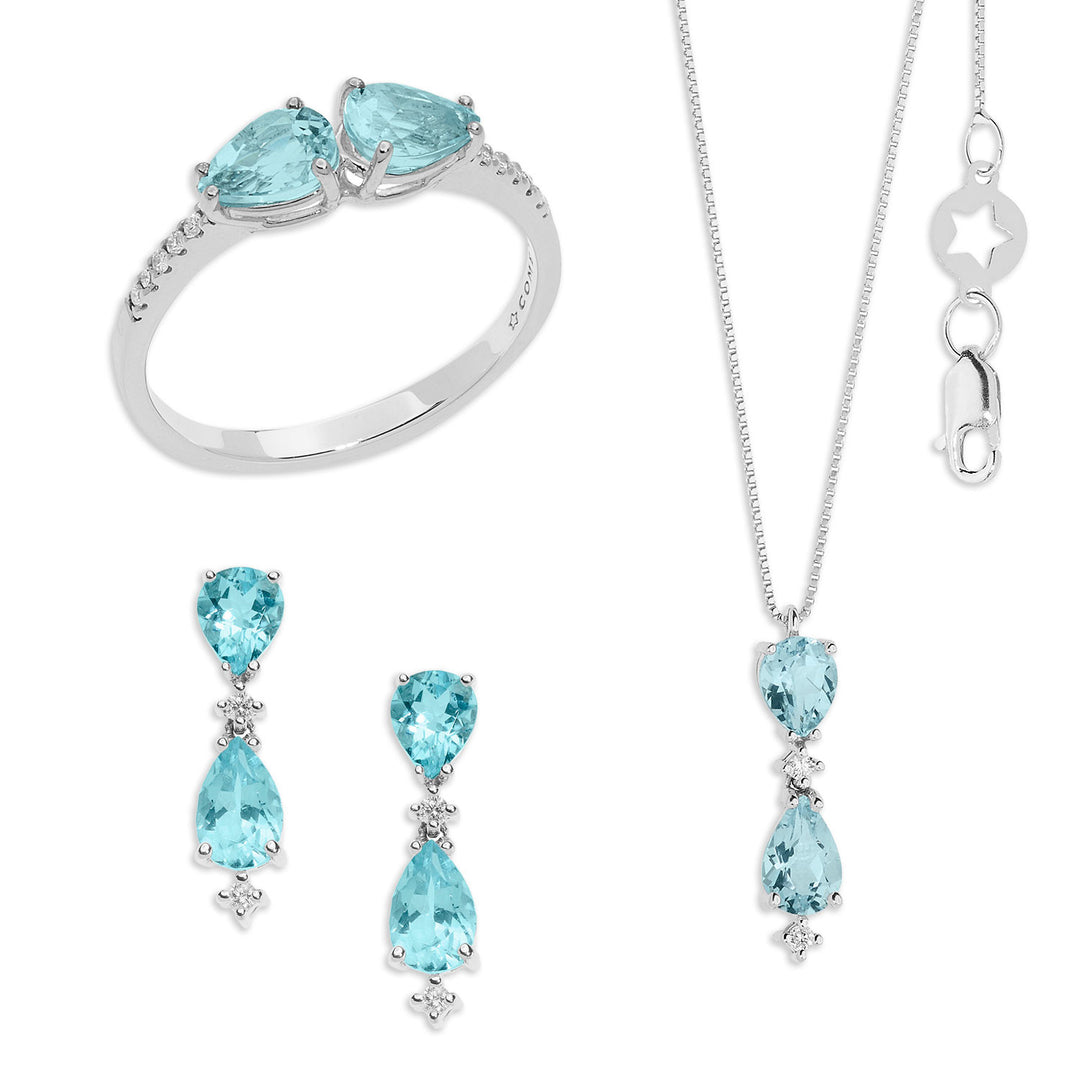 Comete Anello, Collana e Orecchini Oro Diamanti e Acquamarina Goccia KIT299328262