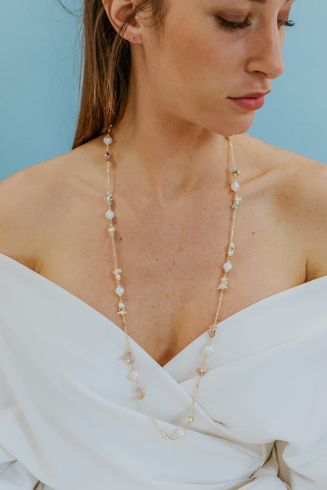 Collier Comete en Argent 925‰ avec Perles Acquadolce, Acquam. Nacre Hématite Kunzite GLA283