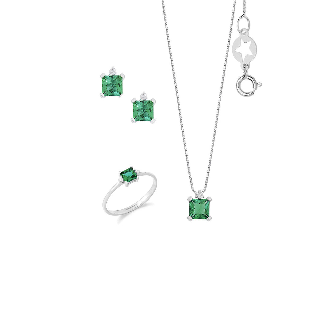 Comete Girocollo, Anello e Orecchini in Oro bianco Diamanti e Smeraldo carrè KIT168127081125