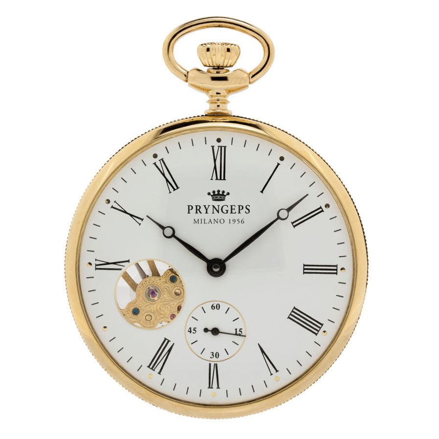 Pryngeps klasické kapesní hodinky 50mm bílé ruční nátah ocelová PVD úprava žluté zlato T065-L