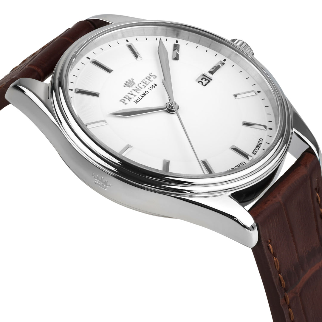 Montre homme Pryngeps Slim Classic 41mm acier quartz blanc A1214 BI