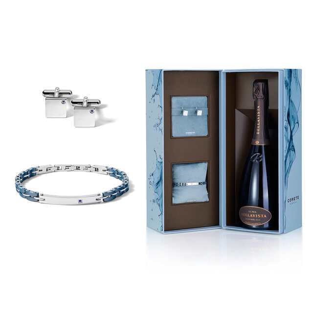 Comete Regalo Divino Kit Stahl-Keramik-Armband und blaue Saphir-Manschettenknöpfe KITGVZAF