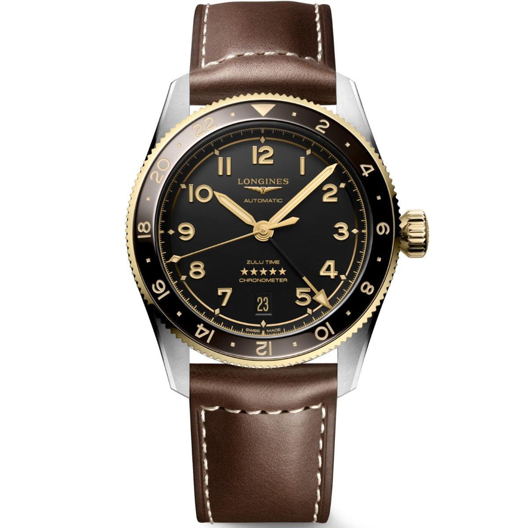 Longines orologio Spirit Zulu Time 39mm nero automatico acciaio e oro giallo 18kt L3.802.5.53.2 - Capodagli 1937