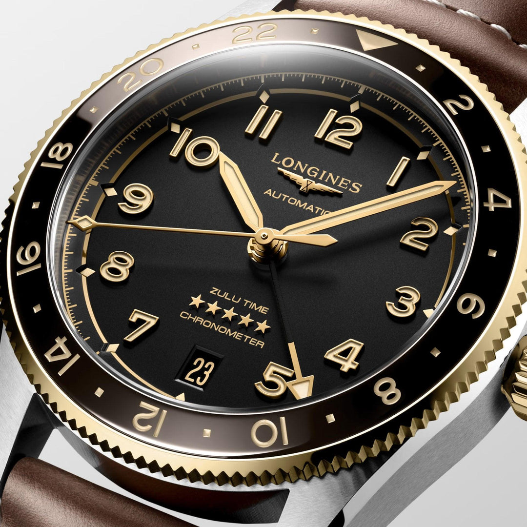 Longines orologio Spirit Zulu Time 39mm nero automatico acciaio e oro giallo 18kt L3.802.5.53.2 - Capodagli 1937