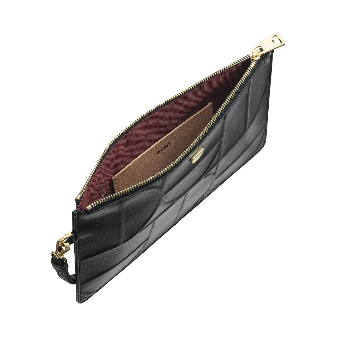 DUDU Grande pochette de poignet en cuir imprimé pour femme, pochette à main avec lanière – élégante, spacieuse et pratique pour cartes, billets et pièces de monnaie
