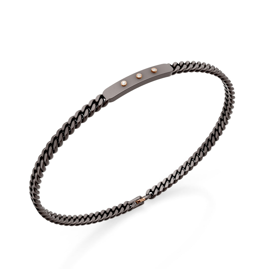 Bracelet groumette en titane gris World Diamond Group, avec barre centrale et cylindres en or rose 18 carats, serti de diamants, 18 cm GBR042O3DIGR-180