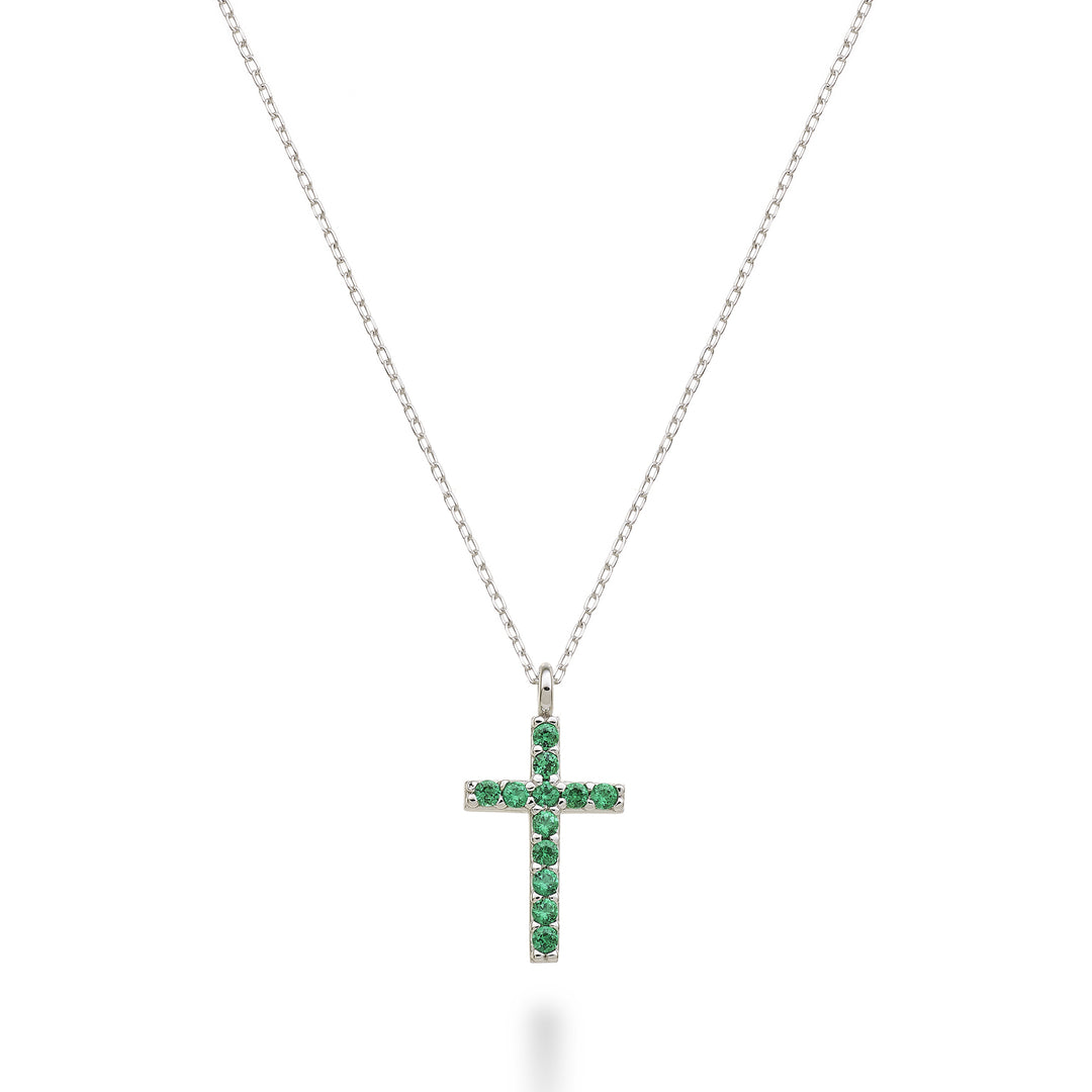 Mikiko cl Croix 18 carats taille 3 (1,4 cm) or blanc avec émeraudes 0,11 ct MDCRO3O4SMR