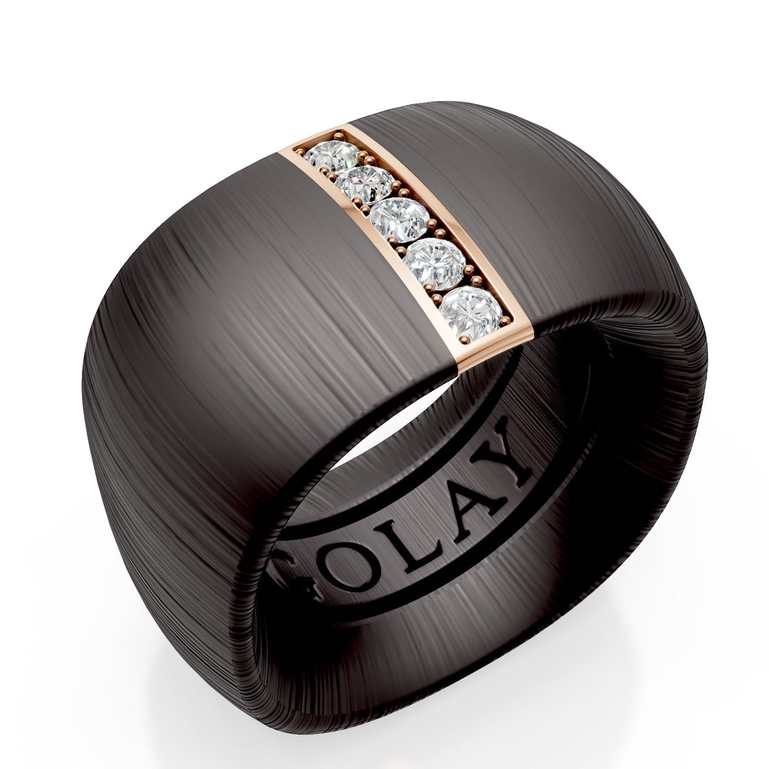 Golay textured black titanium band ring with 18k rose gold linear insert set with diamonds, size 14, with internal spring for reduction GAN027O3DINETX-14