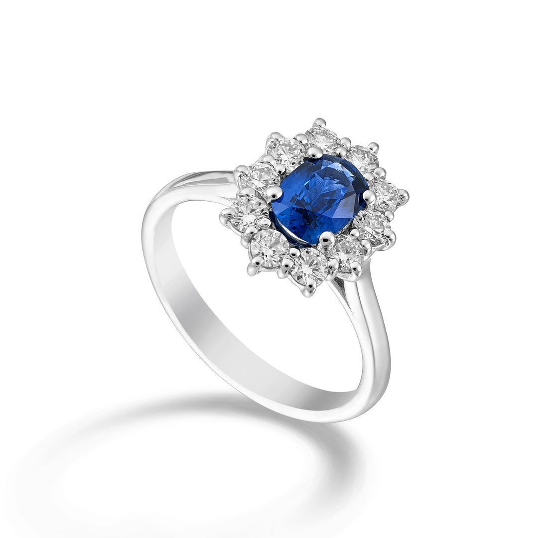 Bague saphir coussin Golay 7x5 et diamants ACLC487DZB75-24242110017