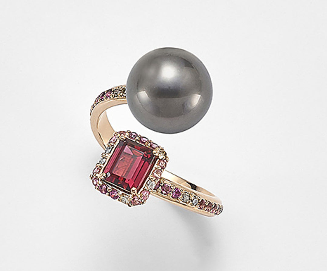 Nihama ein 18k SSPB 10/11 ct.0,16 brauner Diam, rosa Turmalin und Rhodolith NA0772O3SANE100