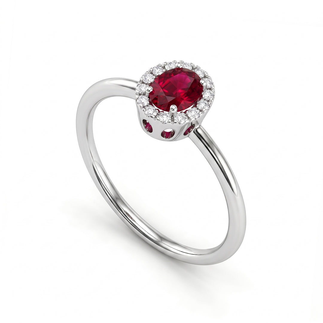 Nihama, ein 18 Karat ovaler Rubin 5x4 mit Diamantkontur und glattem Schaft NA5234O4RBN