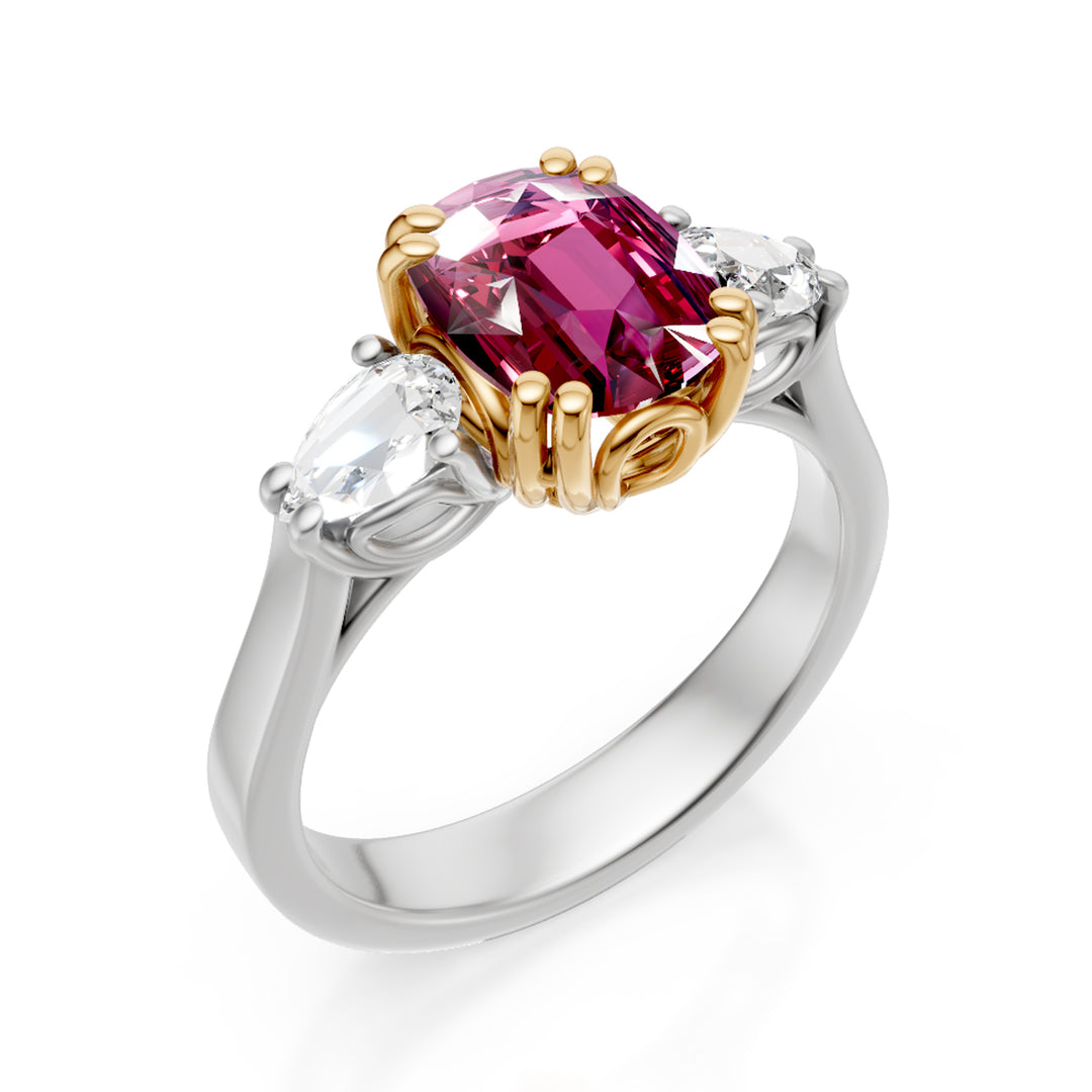 Bague rubis coussin Golay 8x6 et gouttes latérales APU500DRU-24319110099