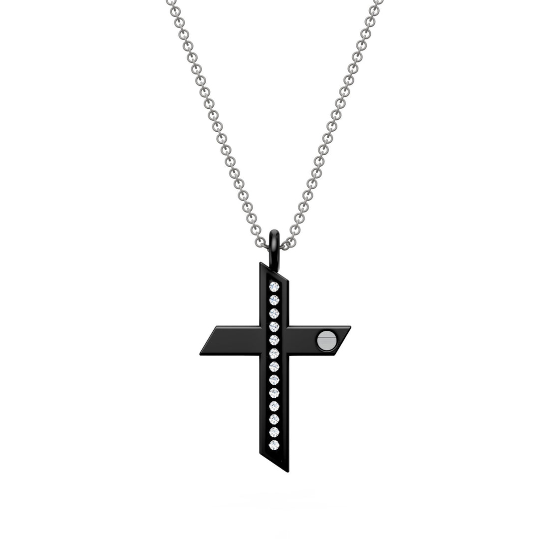 World Diamond Group cross necklace with diamonds in black titanium and gray chain, with platinum inserts GDCR01PTDINE