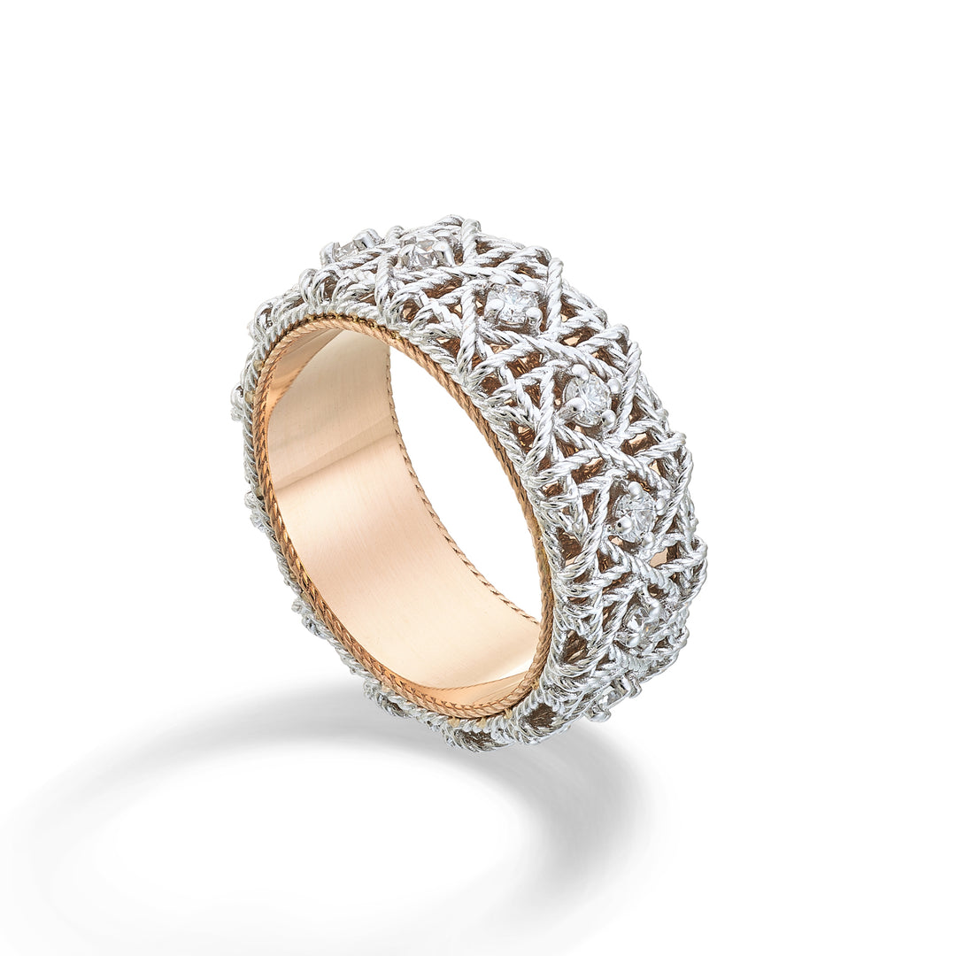 Golay-Breitbandring aus 18 Karat Gold mit Diamantfeder und Textur, die ineinander verschlungene Seile simuliert. Außen aus Weißgold und innen aus Roségold, Größe 14, mit Innenfeder GAN024O7DM-14
