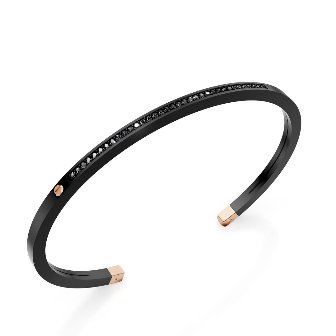 Sklavenarmband der World Diamond Group aus schwarzem Titan mit einer Reihe schwarzer Diamanten und Einsätzen aus 18-karätigem Roségold, mittlere Größe GBR036O3BKNE_M