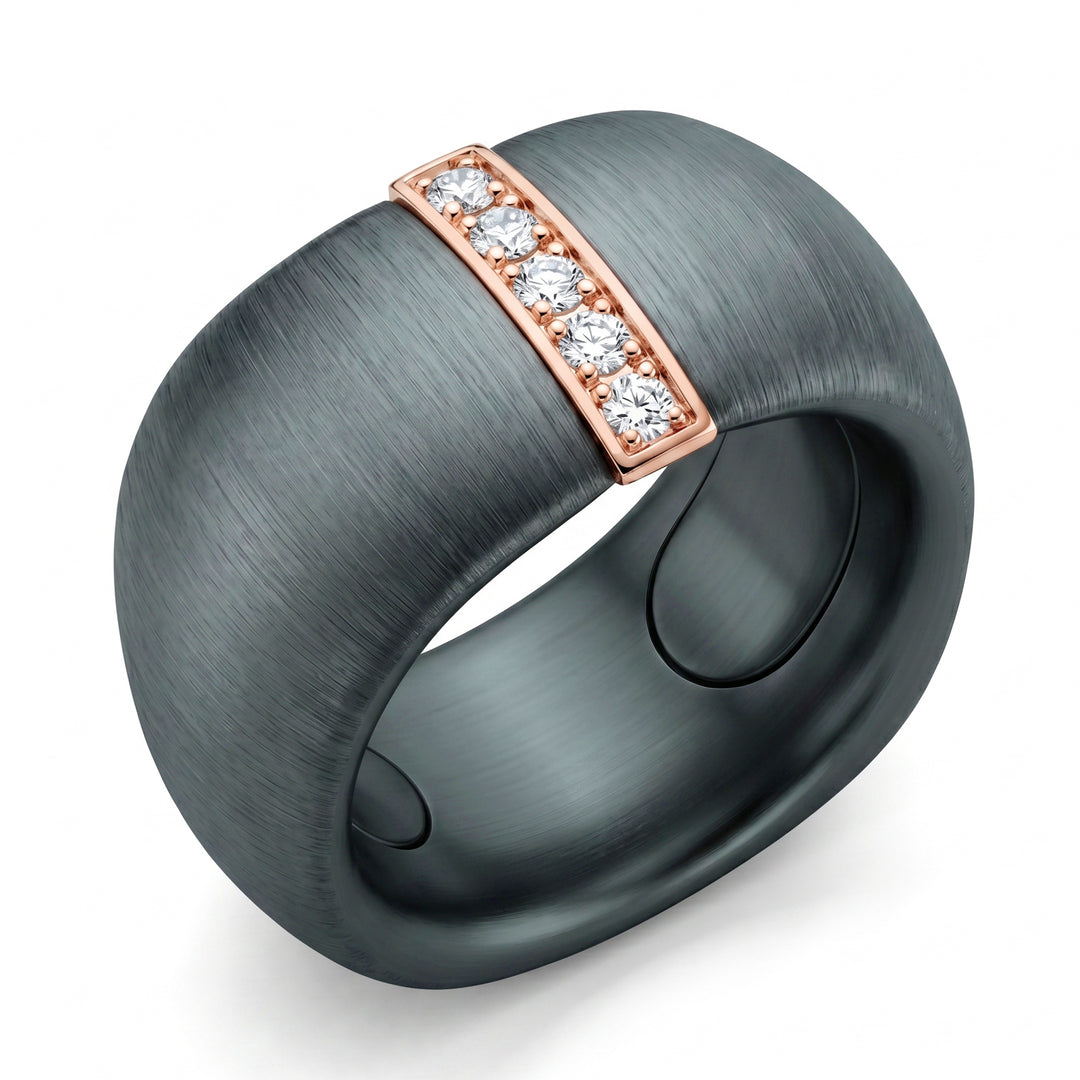 Golay textured gray titanium band ring with linear insert in 18k rose gold set with diamonds, adjustable size with bearings from 9 to 14 GAN027O3DIGRTXA-914
