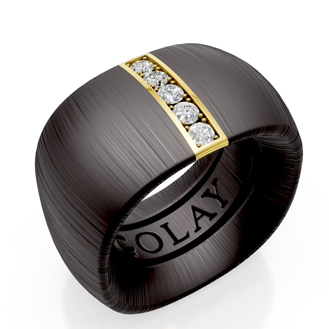 Golay textured black titanium band ring with 18k yellow gold linear insert set with diamonds, size 14, with internal spring for reduction GAN027O1DINETX-14