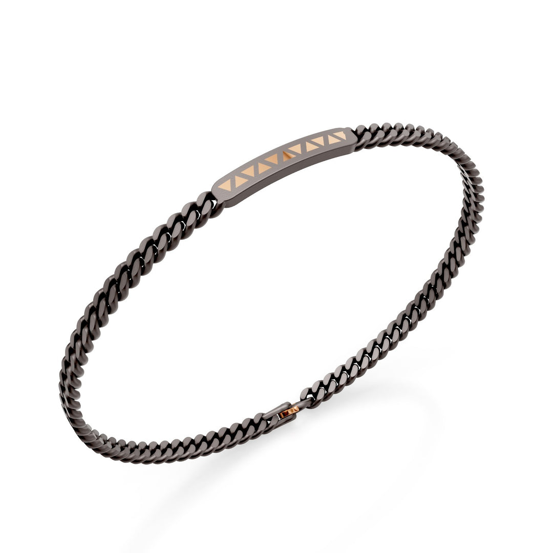 World Diamond Group gray titanium groumette bracelet, with central bar and triangular inserts in 18k rose gold, 18cm GBR046O3GR-180