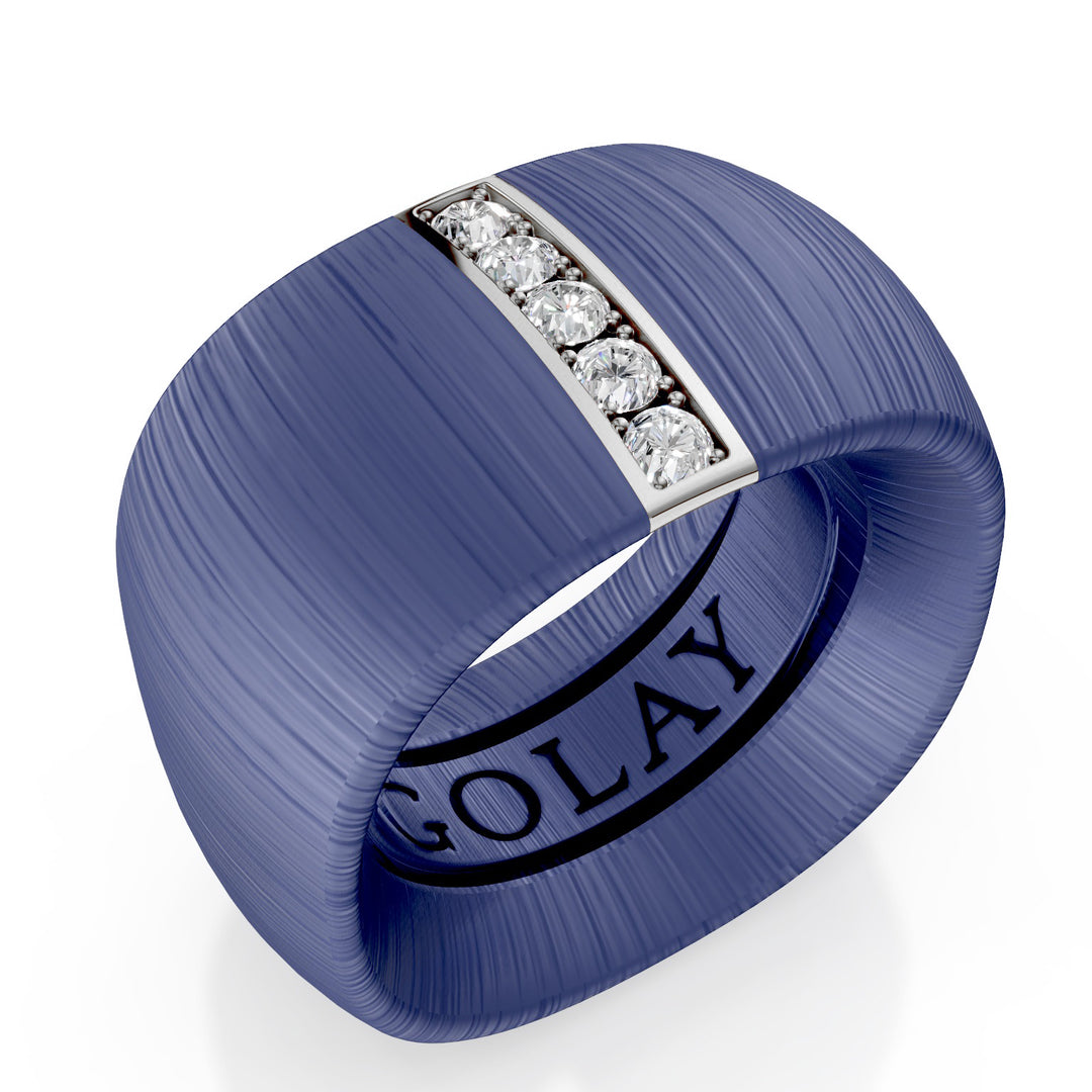 Golay fabric texture purple titanium band ring with linear insert in 18k white gold set with diamonds, size 15, with internal spring for reduction GAN027O4DIVITX-15