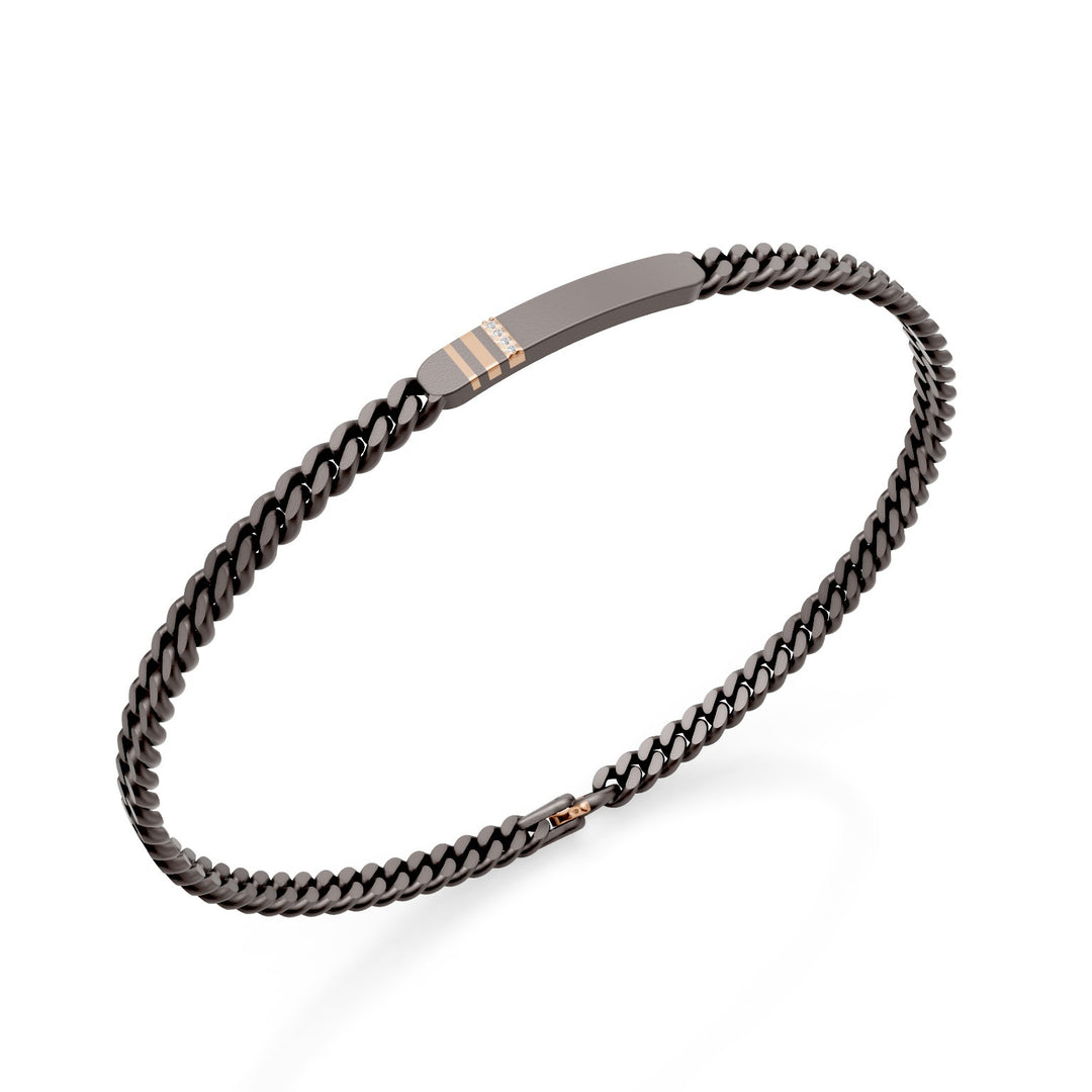 World Diamond Group gray titanium groumette bracelet, with central bar, 18k rose gold linear inserts, set with diamonds, 18cm GBR044O3DIGR-180