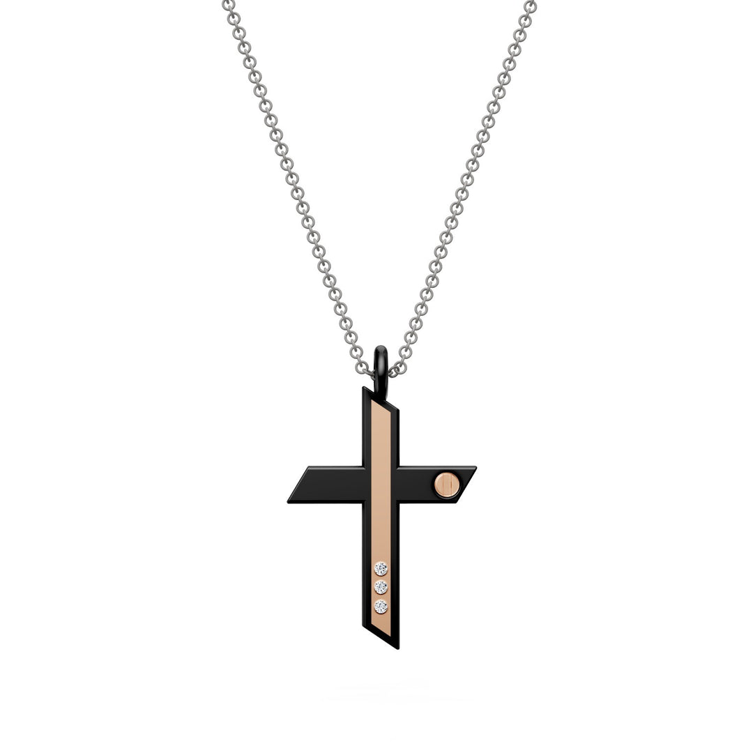 Kreuzhalskette der World Diamond Group mit drei Diamanten, aus schwarzem Titan und grauer Kette, mit Einsätzen aus 18-karätigem Roségold, langer Stab GDCR02O3DINE