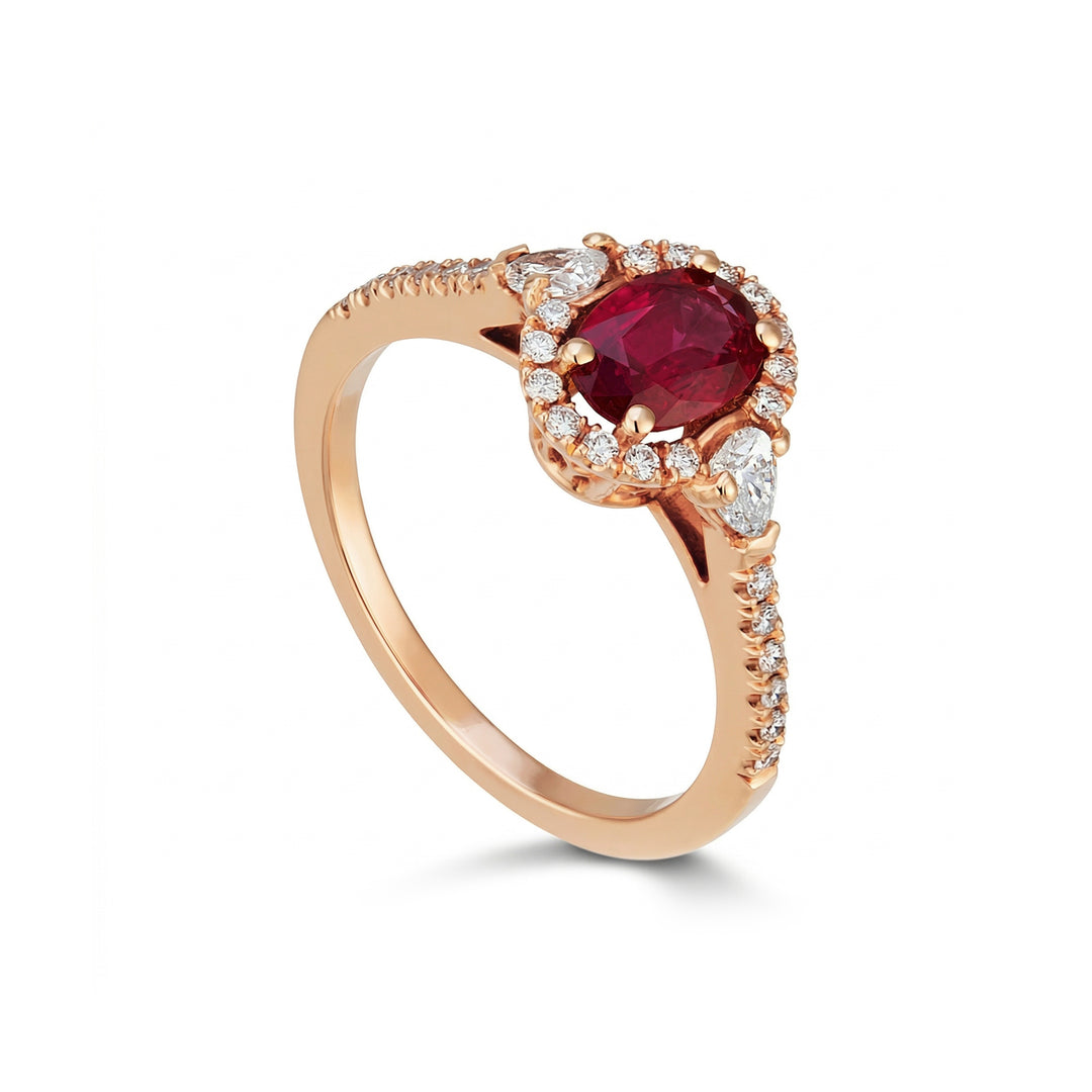 Golay-Ring mit seitlichen Tropfendiamanten und ovalem Rubin ACLC098DIRUD3-22154110013
