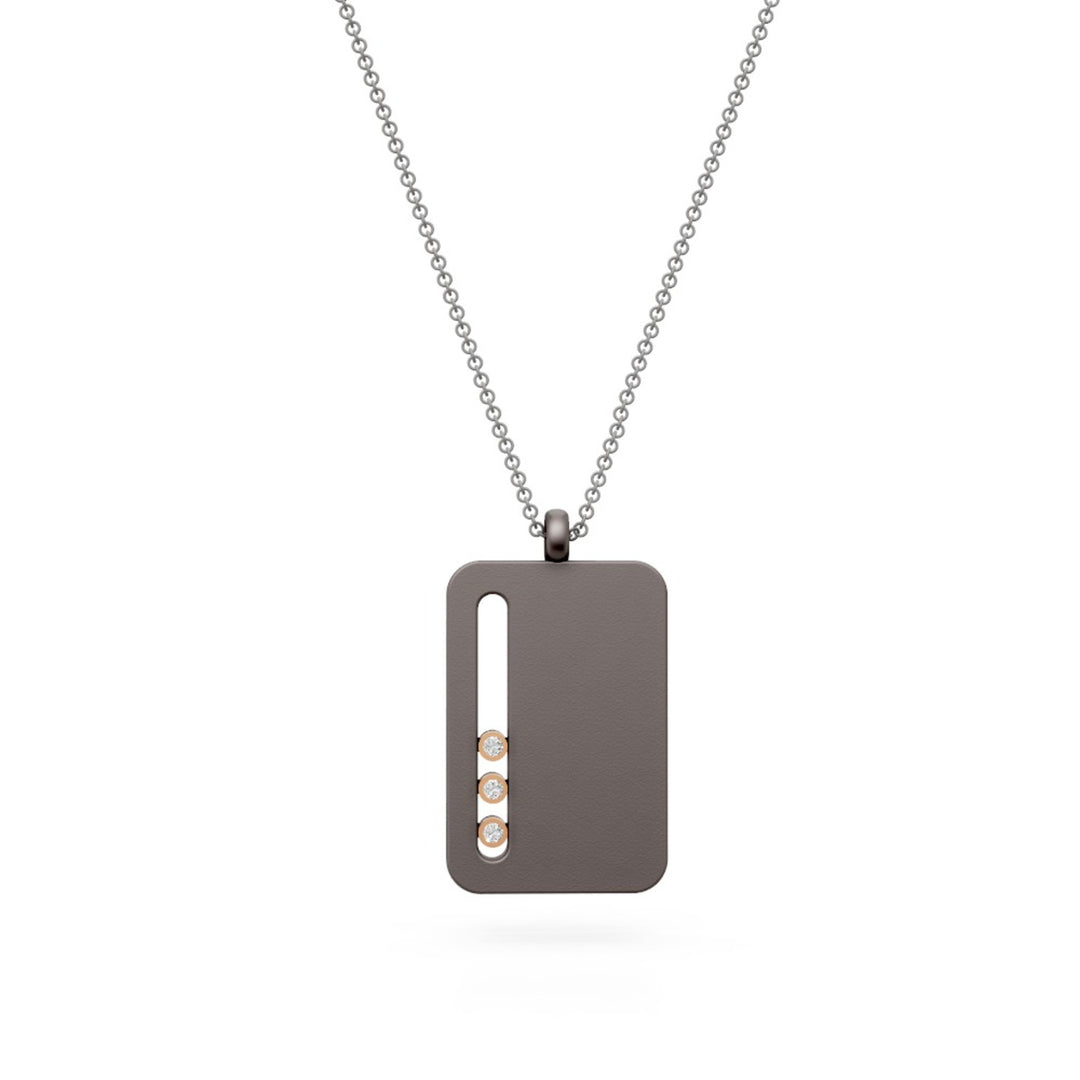 World Diamond Group gray titanium plate necklace with three 18k rose gold cylinders, with diamonds GD008O3DIGR